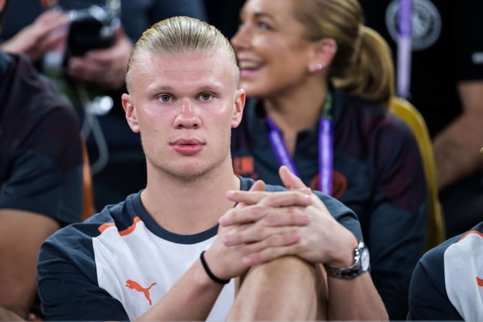 Erling Haaland pictured watching from the sidelines during Manchester City's 3-0 win over Urawa Red Diamonds in the semi-finals of the 2023 FIFA Club World Cup